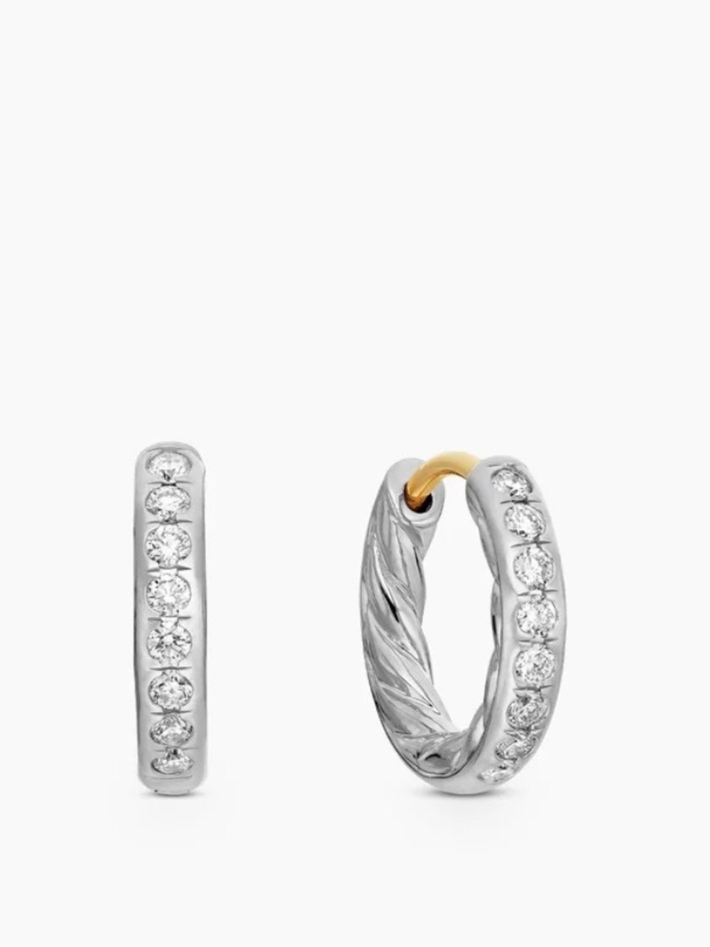 David Yurman Two-Tone Silver and Gold Pavé Diamond Huggie Earrings